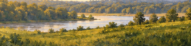 Illustration of a sunny field and lake