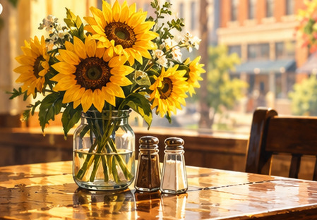 Illustration of sunflowers on a dining table